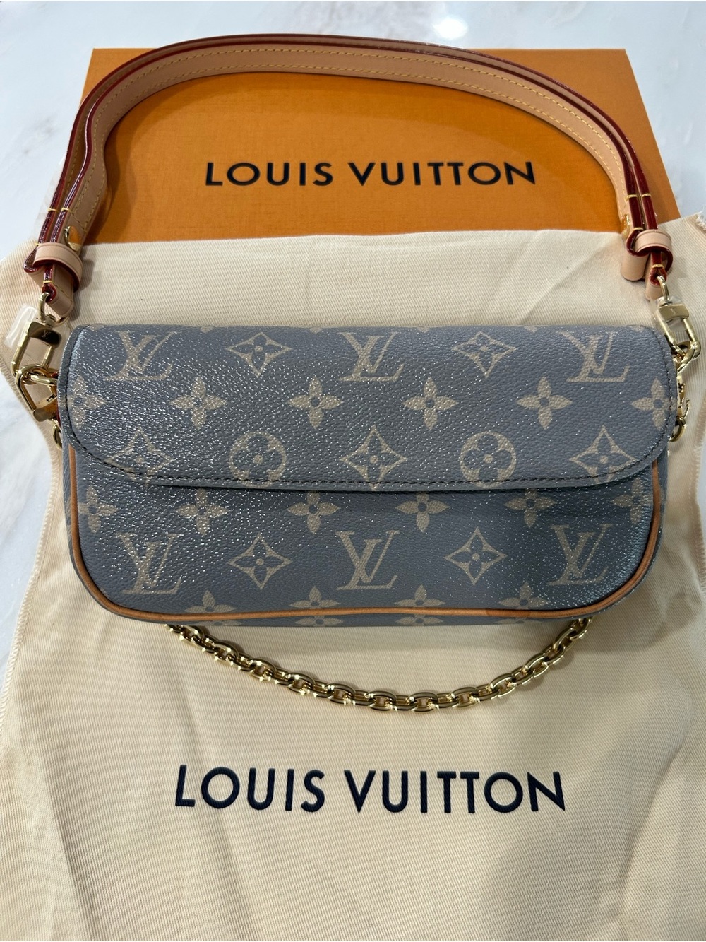 Louis Vuitton Gray Monogram Shoulder Pochette with Gold Chain
